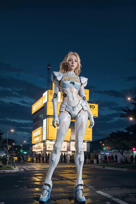 white pretty women with blonde hair in  yellow robot amor at the street in the night, full of neon light,
sexy full body pose, slim body, small hip, hyperrealistic, blue light in the suit,
gree and blue theme,
high detail, realistic, photo quality, high quality,  (photorealistic:1.4), science fiction, <lora:gaoda:1>