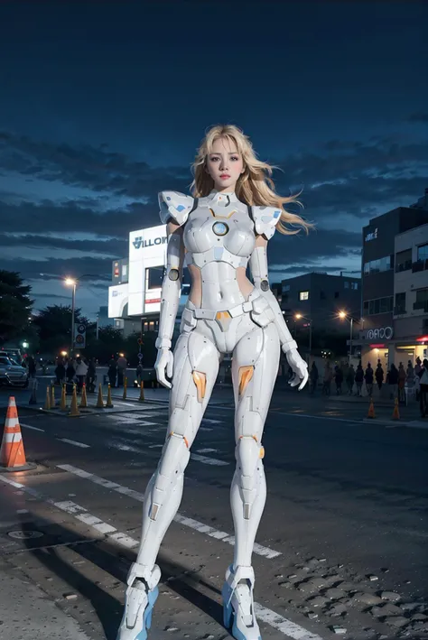 white pretty women with blonde hair in  yellow robot amor at the street in the night, full of neon light,
sexy full body pose, slim body, small hip, hyperrealistic, blue light in the suit,
gree and blue theme,
high detail, realistic, photo quality, high quality,  (photorealistic:1.4), science fiction, <lora:gaoda:1>