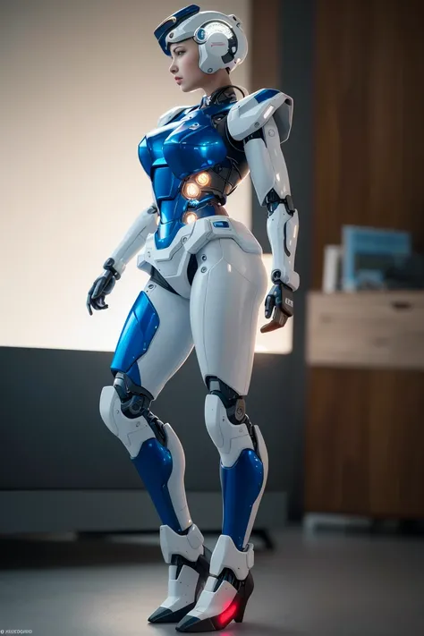 complex 3d render ultra detailed of a beautiful profile woman ,human face,her body is robot, full body, sexy standing pose,look at viewer, she has some glowing blue led parts, cyborg, robotic parts,robotic arms, mechanic legs, rim light, vibrant details, (luxurious cyberpunk background:1.1), hyperrealistic, anatomical, cable electric wires, microchip, octane render, masterpiece, realistic, photo_realistic , finely detail, official art, <lora:chilloutmixgd_v10:0.7>