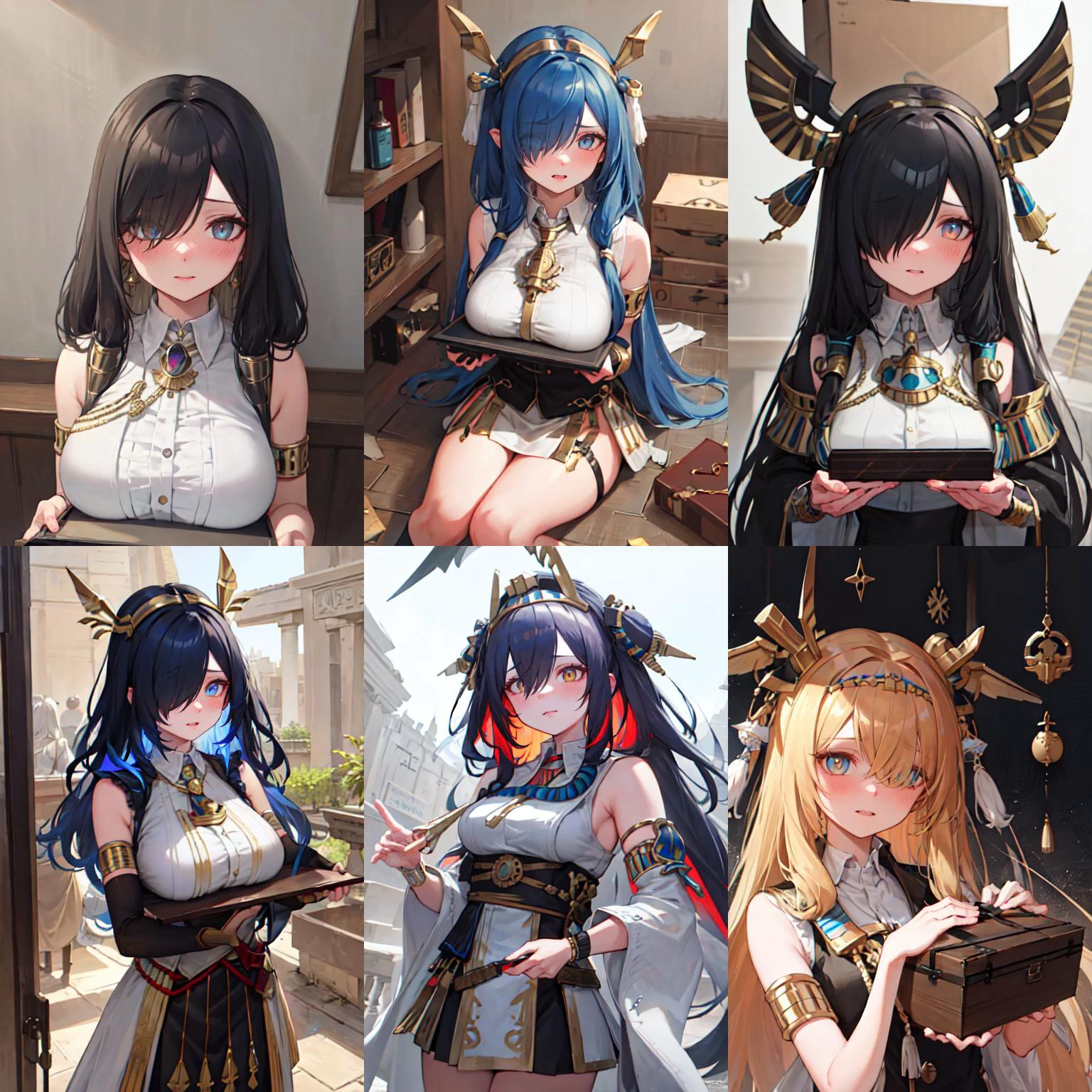 (otherworldly, otherworldly atmosphere, otherworldly appearance), highly insanely detailed, masterpiece, top quality, best quality, highres, 4k, 8k, RAW photo, collar, earrings, jewelry, necklace, armlet,
(long_hair, long hair, random colors cloth, random colors hair, random long hair, dynamic hair, glowing hair),
eyelashes, eyeliner, makeup, hair over one eye,
(dynamic pose), (dynamic weather), (dynamic background), nsfw,
1girl, (portrait:1.2),
((ancient egyptian theme)), golden ornaments,
mature female, carried breast rest, delivery, box, angry, blush,
<lora:carried-breast-rest:0.8>,
BREAK, (fantasy world)