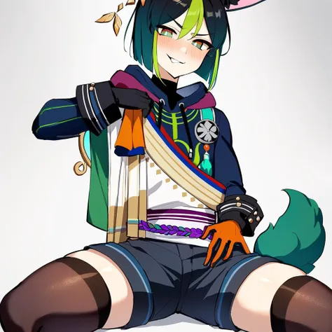 masterpiece,best quality,<lora:tighnariv2:1>,tighnari \(genshin impact\), male focus, 1boy, solo, seductive, hoodie, simple background, sitting, (from behind:1.2), provocative, (femboy:1.2), rating: explicit, nsfw, fluffy tail, thighhighs, white background, two-tone gloves, tight clothes, (shorts:1.3), drawstring, looking at viewer, long sleeves, orange gloves, blunt ends, black gloves, multicolored clothes, collared shirt, evil smile, angry, arrogant, (wide hips:1.2), slim, (sexy:1.2), seductive, looking at viewer, blush, beautiful