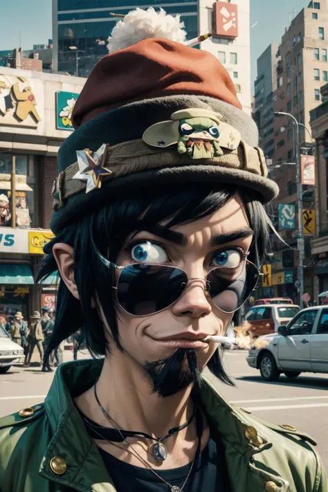 a cartoon of a man with a cigarette in his mouth and a hat on his head, in a crowded city, <lora:jamie_hewlett_style:0.75> jamie hewlett style
