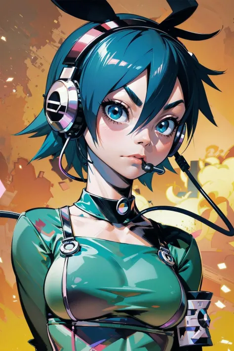 a girl with headset on, <lora:jamie_hewlett_style:0.85> jamie hewlett style