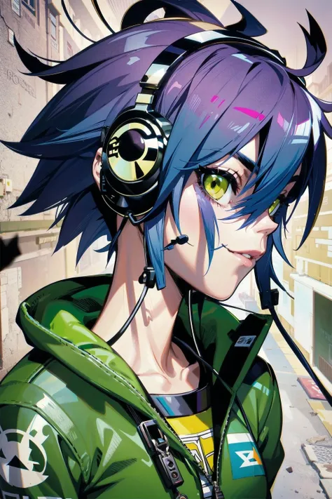 a girl with headset on, <lora:jamie_hewlett_style:0.85> jamie hewlett style