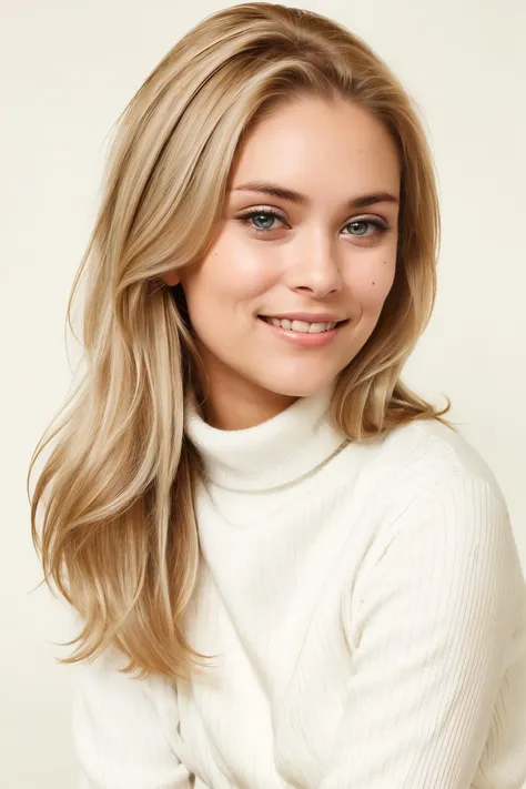 (b@st3do:1), portrait photo of a woman, turtle neck, (happy), (smile), blonde hair, simple background <lora:SD15_b@st3do_V2:0.9>