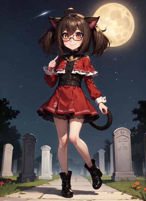 ((best quality)), ((highly detailed)), masterpiece, absurdres, detailed face, beautiful face, (detailed eyes, deep eyes), (1girl), (glasses), full body, ((very wide shot)), <lora:hairdetailer:.7>, cat girl, cat ears, medium hair, dark grey hair, heterochromia, orange eyes, <lora:slit-pupils:1>, snake eyes, cat tail, smiling, (outdoors, in a graveyard, evening, night sky, stars, moonlight, shooting star), <lora:malberrybush_nai:1>