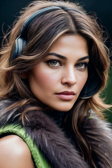 beautiful woman (J4cqu3l1n3F3rn4nd3z:.99), beautiful hair , ((portrait)), (closeup:1.2), ((from the waist up)), ((( A futuristic drone racing arena, where skilled pilots compete in high-speed races through obstacle courses :1.2 ))), natural skin texture, ((makeup:1.2)), (( Faux fur vest and high-waisted jeans :1.2)), 24mm, 4k textures, soft cinematic light, adobe lightroom, photolab, hdr, intricate, elegant, highly detailed, sharp focus, ((((cinematic look)))), soothing tones, insane details, intricate details, hyperdetailed, low contrast, soft cinematic light, exposure blend, hdr, faded, now, ("I've got a bad feeling about this.":1.1)