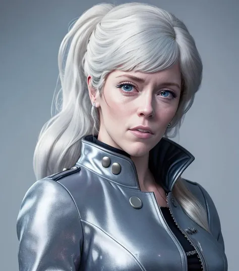A photo of chrissiem-3000, Chrissie Mayr cosplaying as Weiss Schnee, photo, studio lighting, hard light, sony a7, 50 mm, hyperrealistic, big depth of field, mate skin, pores, concept art, colors, hyperdetailed, hyperrealistic <lora:Weiss Schnee:0.4>, side ponytail, cropped jacket