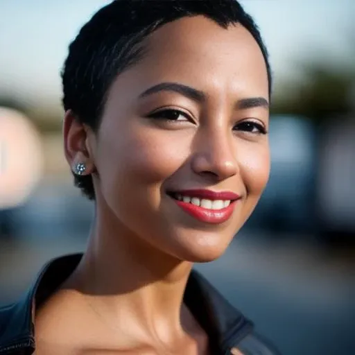 masterpiece photograpy, upper body photo of gorgeous black woman nora_ant, red lips, skinny face, smiling, looking on camera, sexy, looking in camera, showing neckline, with leather jacket, opened at center, showing side boobs, ((intricate black skin pores)), strong side light, soft back light, high contrast, hard focus, intricate iris details, sharp focus on eyes, cinematic lighting, (perfect iris)