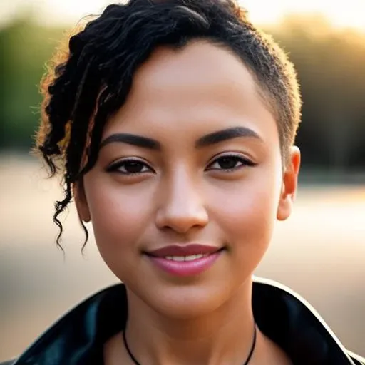masterpiece photograpy, upper body photo of gorgeous black woman nora_ant, smiling, black matte lips, skinny face, big smile on face, standing, looking on camera, looking in camera, showing neckline, with leather jacket opened at center, ((intricate black skin pores)), strong side light, soft back light, high contrast, hard focus, intricate iris details, sharp focus on eyes, cinematic lighting, (perfect iris), natural sunlight