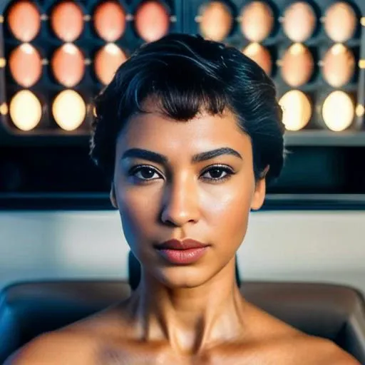 A stunning intricate photo portrait of nora_ant, in star trek movie, showing perfect breast, intricate rendered brown eyes, short curly hairs, winks, sensual, epic character composition, by ilya kuvshinov, alessio albi, nina masic, sharp focus, natural lighting, f2, 35mm, hands between hairs