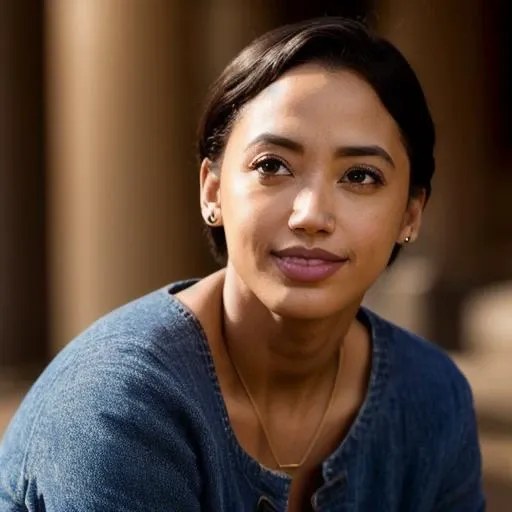 masterpiece photo, upper body photo of woman, gorgeous nora_ant, brown skin, short haircut, smiling, looking in camera, intricate brown skin texture, with scifi suit, opened at center, showing side boobs, intricate black ((skin pores)), strong side light, soft back light, high contrast, hard focus, intricate iris details, sharp focus on perfect glossy eyes, cinematic lighting, sharp focus, skin texture