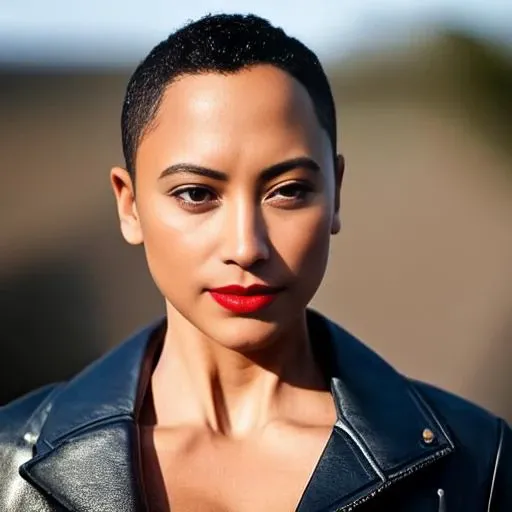 masterpiece photograpy, upper body photo of gorgeous black woman nora_ant, red lips, skinny face, big smile on camera, sexy, looking in camera, showing neckline, with leather jacket, opened at center, showing side boobs, ((intricate black skin pores)), strong side light, soft back light, high contrast, hard focus, intricate iris details, sharp focus on eyes, cinematic lighting, (perfect iris)