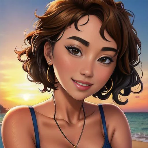 Intricate photography of nora_ant, 20yo, eroic pose, showing perfect neckline, intricate render brown eyes, short curly hairs, big smile, natural lighting at the sunset, slim dress, looking at the horizon,