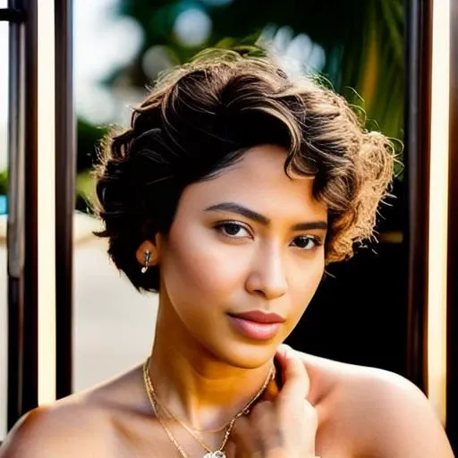 A stunning intricate photo portrait of nora_ant, 20yo, skinny face, showing perfect neckline, intricate render brown eyes, short curly hairs, with headset, winks, sensual, epic character composition by Steve McCurry, sharp focus, natural lighting at the sunset, intricate skin detail pores, slim dress, looking at the horizon, happy, f/2.4, 35mm, raw photography, focus on eyes, all naked