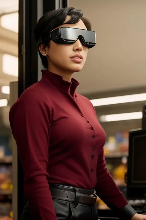picture of (nora_ant:0.99), a woman (wearing a tight red shirt:1.2 with buttons), (wearing black trousers:1.2), (wearing small VR goggles covering the eyes), sitting at a desk with a large monitor, dark office, modelshoot style, (extremely detailed CG unity 8k wallpaper), photo of the most beautiful artwork in the world, professional majestic oil painting by Ed Blinkey, Atey Ghailan, Studio Ghibli, by Jeremy Mann, Greg Manchess, Antonio Moro, trending on ArtStation, trending on CGSociety, Intricate, High Detail, Sharp focus, dramatic, photorealistic painting art by midjourney and greg rutkowski, (leather belt), ((in a supermarket)), (looking at viewer), (detailed eyes:1.2),