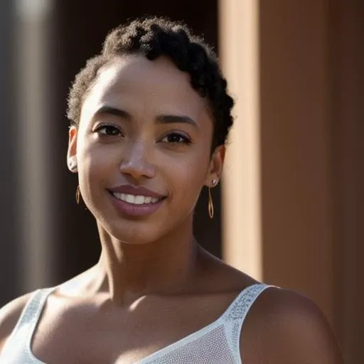 masterpiece photo, upper body photo of woman, gorgeous nora_ant, brown skin, short haircut, smiling,  looking in camera, intricate brown skin texture, with scifi suit, opened at center, showing side boobs, intricate black ((skin pores)), strong side light, soft back light, high contrast, hard focus, intricate iris details, sharp focus on perfect glossy eyes, cinematic lighting, sharp focus, skin texture