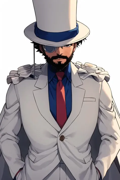 masterpiece, best quality, 1boy, solo, white suit, white cape, top hat, monocle, red necktie, blue shirt, beard, muscular, mature male