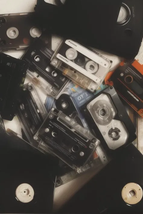 cassette, cassette tapes, heap, cassettes heap, cassettes pile, abstract, analog_film_stock, (Fujifilm_Velvia_100),