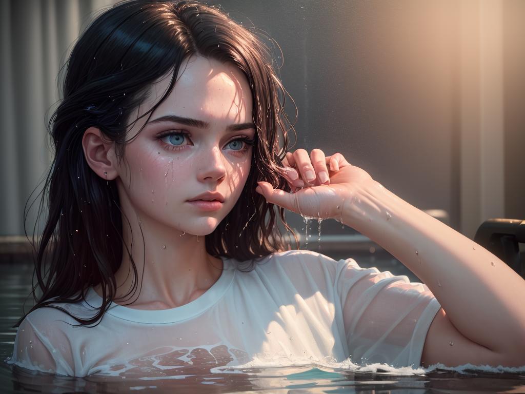 A woman in a white shirt is in a pool of water - SeaArt AI