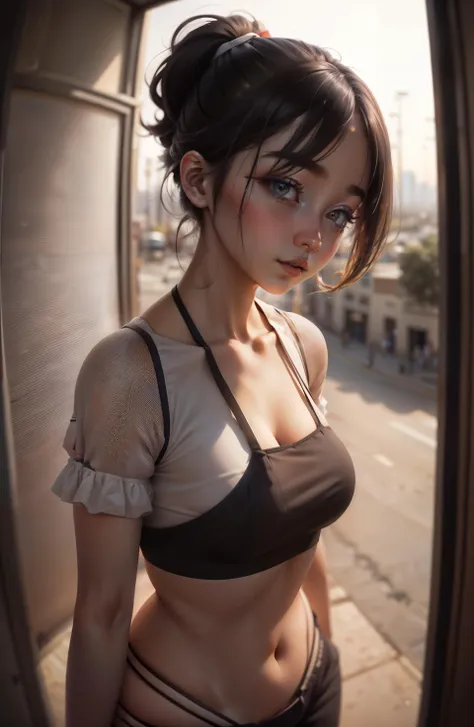 (fisheye_view, close-up, straight on), 1girl, thicc, solo, ponytail hair, desert outfit, looking at viewer, desert city background, crowded street, ((dark theme)), looking at viewer, (dynamic angle:1.2), (cinematic lighting, depth of field, lens_flare),  <lora:add_detail:0.5>