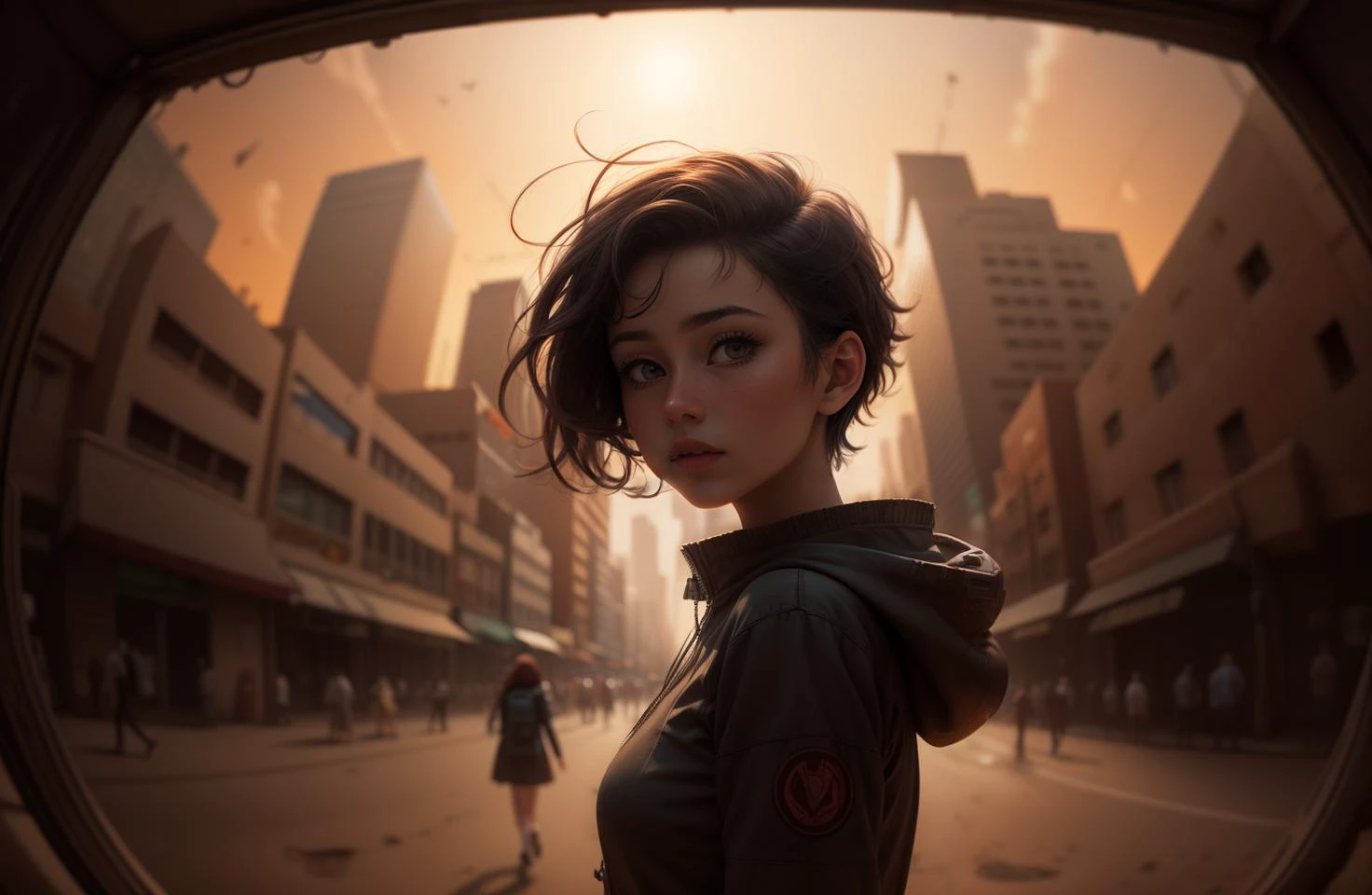 (fisheye_view, upper boby), 1girl, short hair, desert outfit, looking at viewer, desert city background, crowded street, dark theme, (dynamic angle:1.1), (cinematic lighting, depth of field),
<lora:add_detail:0.7>