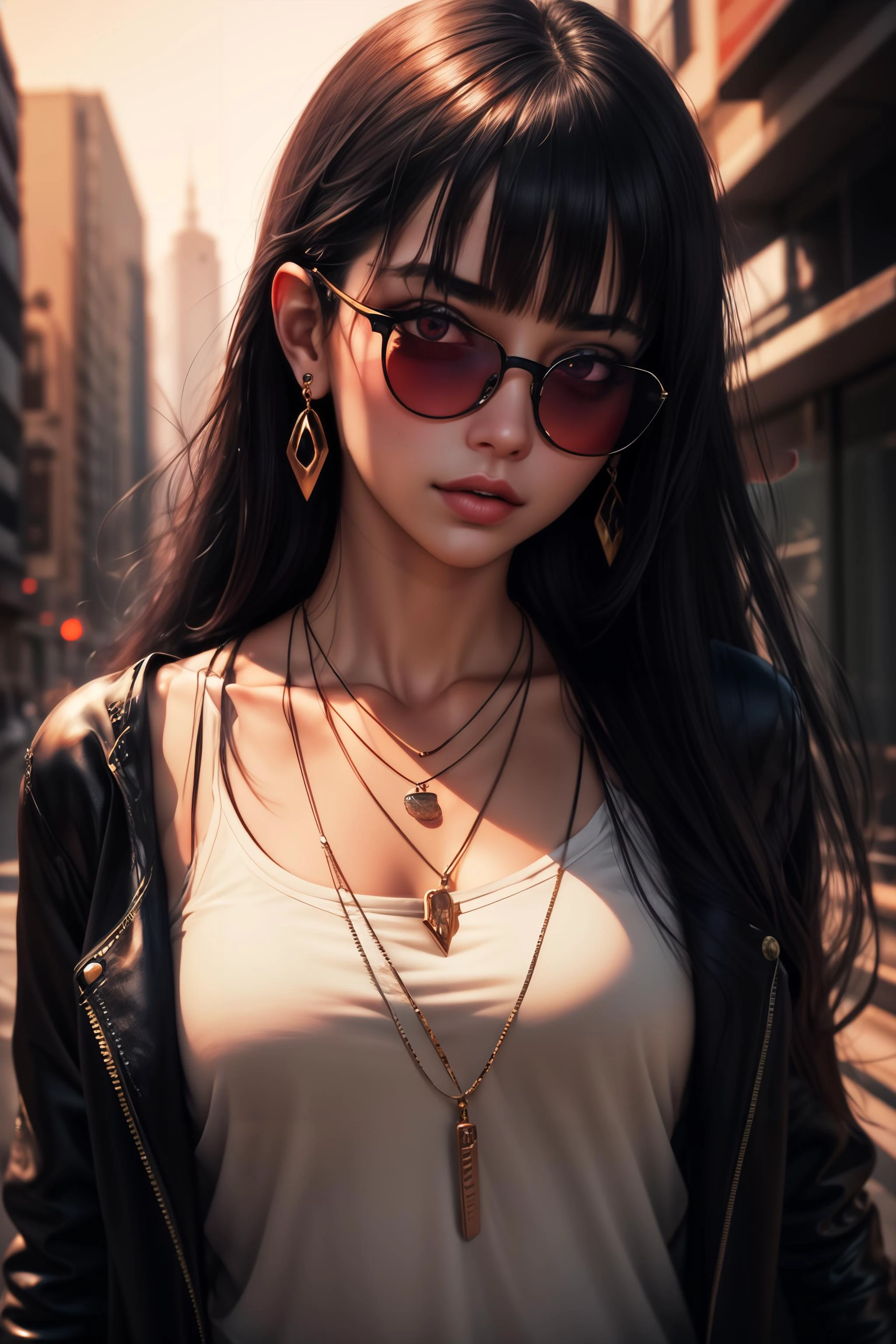 1girl,solo,jewelry,earrings,long hair,black hair,,bangs,round eyewear,blunt bangs,necklace,tinted eyewear,red eyes,glasses,sunglasses,piercing,lips,portrait, Dystopia background, cinematic lighting, depth of field, <lora:add_detail:0.7>