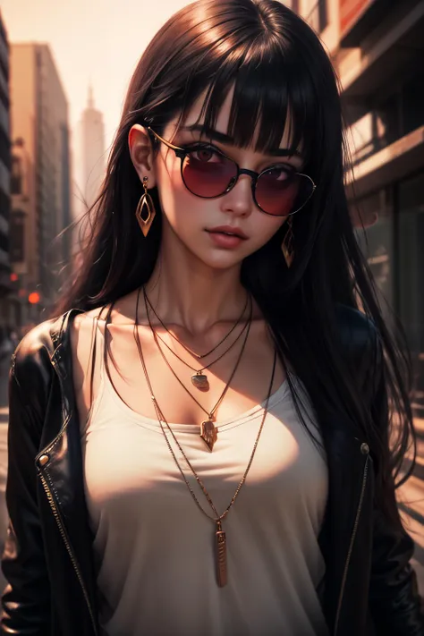 1girl,solo,jewelry,earrings,long hair,black hair,,bangs,round eyewear,blunt bangs,necklace,tinted eyewear,red eyes,glasses,sunglasses,piercing,lips,portrait, Dystopia background, cinematic lighting, depth of field,  <lora:add_detail:0.7>