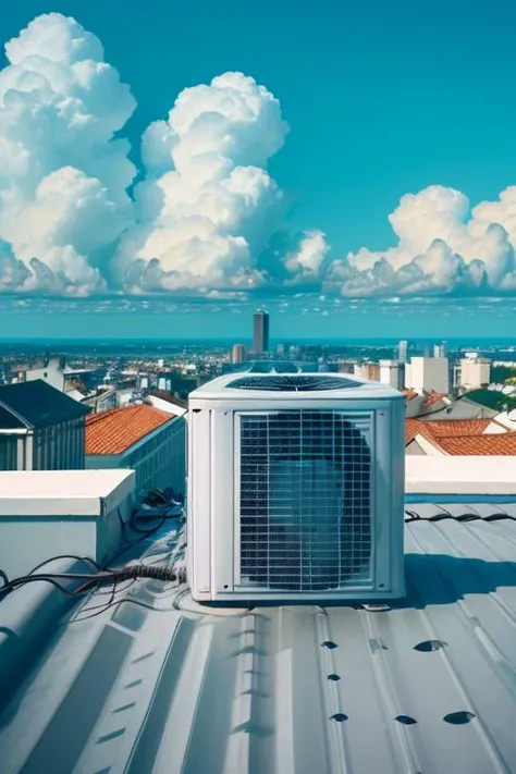 air conditioner, wide shot, no human, bird, blue sky, building, building rootop, rooftop, cloud, cloudy sky, day, from behind, (((hero view))), outdoors, scenery,  <lora:airconditionerlora:1>