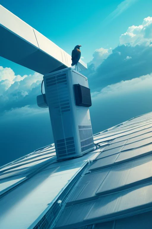 air conditioner, wide shot, no human, bird, blue sky, building, building rootop, rooftop, cloud, cloudy sky, day, from behind, (((hero view, dynamic angle))), outdoors, scenery,  <lora:airconditionerlora:1>