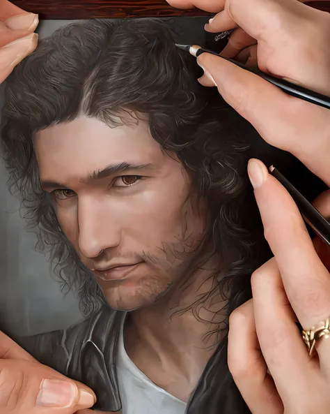 burgie, (masterpiece), 1boy, solo, male_focus, american, a man with long hair and a ring making a peace sign with his finger,wearing a black jacke, brown hair, brown_eyes, hood, jacket, lips, open_mouth, pointing, realistic, ring, solo, upper_body, detailed eyes, hyper detailed,light smile, highly detailed, beautiful, small details, ultra detailed, best quality, intricate, hyperrealism, sharp, burgie