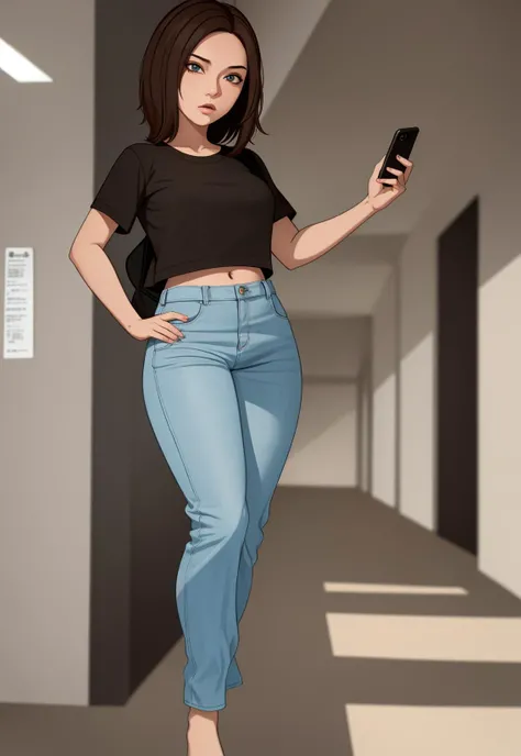 ultrarealistic, octane render, 8k,masterpiece,1girl, <lora:bonnieRockwallerKim_v10:0.5>,(Bonnie Rockwaller), brown hair,geen eyes ,black t-shirt ,light blue pants, small breasts, bag, school hallway, holding phone, looking at phone