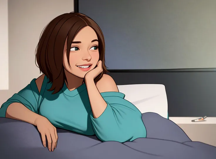 ultrarealistic, octane render, 8k,masterpiece,1girl, <lora:bonnieRockwallerKim_v10:0.55>,(Bonnie Rockwaller), brown hair, geen eyes, stiing on bed at home, tv ,bed, posters, using phone, window,smiling