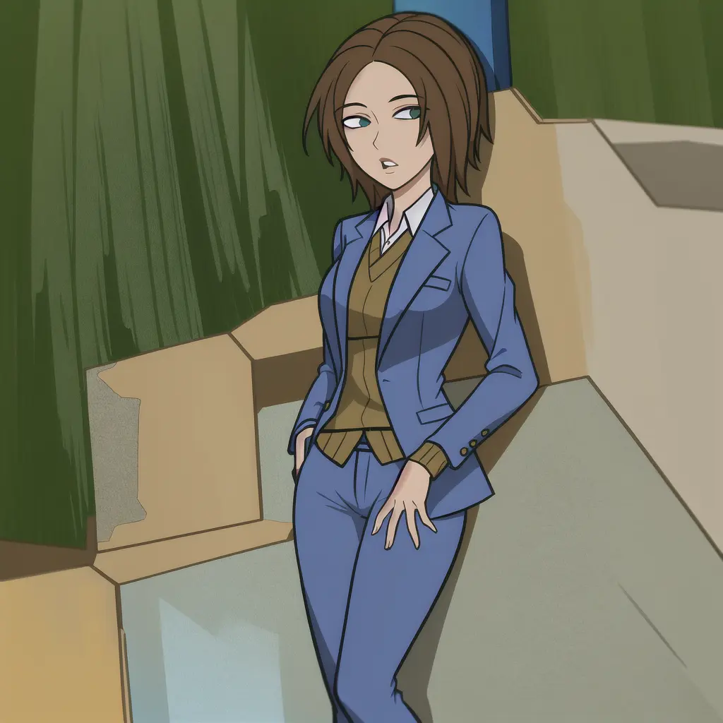 <lora:BonnyR:0.6>bonnie rockwaller,(((blue suit))), 1girl,brown hair, full body, green eyes,looking at viewer, parted lips