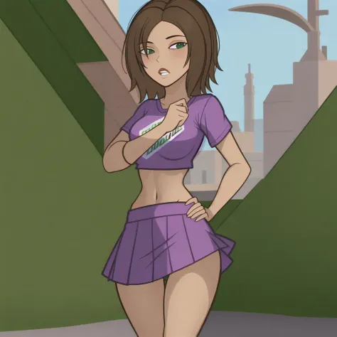 <lora:BonnyR:0.7>bonnie rockwaller, 1girl,brown hair, cheerleader, crop top, full body, green eyes,looking at viewer, miniskirt, parted lips,purple shirt, purple skirt,