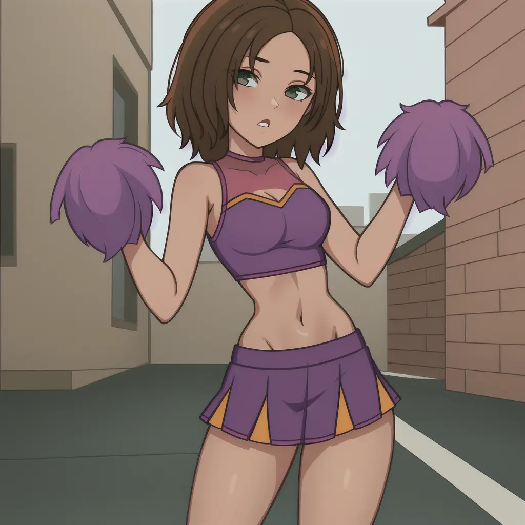 <lora:BonnyR:0.6>bonnie rockwaller, 1girl,brown hair, cheerleader, crop top, full body, green eyes,looking at viewer, miniskirt, parted lips,purple shirt, purple skirt,