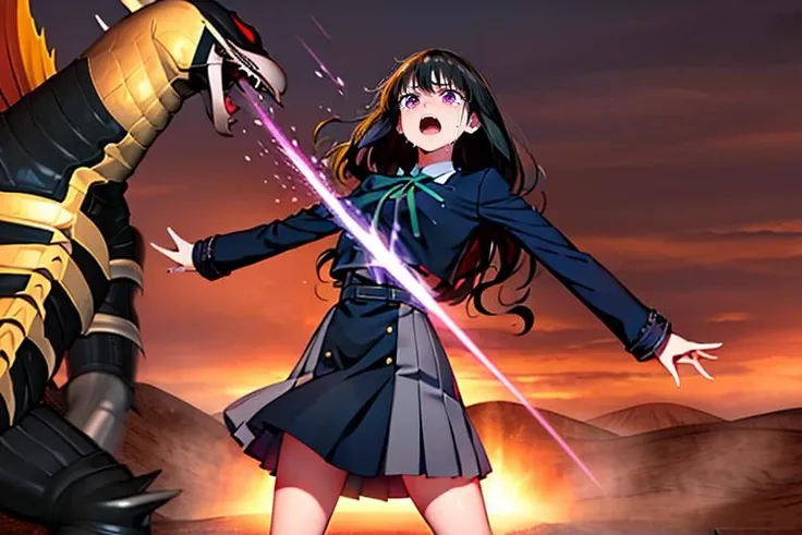 masterpiece,best quality,highly detailed,1girl,solo,
<lora:takina_inoue_v1:0.75>,takina inoue,purple eyes,black hair,long hair,lycoris uniform,green ribbon,long sleeves,two-tone dress,pleated dress,collared shirt,kneehighs,
BREAK
<lora:giganSlash:0.75>,giganSlash,horror (theme),arm blade,mechanical arms,damaged,motion blur,slashing,glowing,screaming,tears,damaged,explosion,screaming,open mouth,crying,tears,