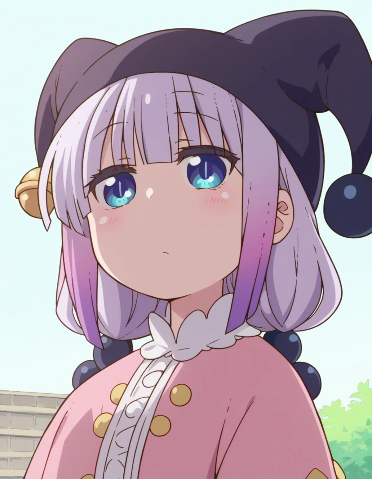 zPDXL, score_9, score_8_up, score_7_up, source_anime, (portrait), <lora:KobayashiDragonPack:1> drgmd, 1girl, solo,
kanna kamui, petite, plump, purple hair, long hair, low twintails, blue eyes , jester wearing a jester hat with bells, checkerboard tunic with jingle bells, pointed jester shoes with playful patterns,