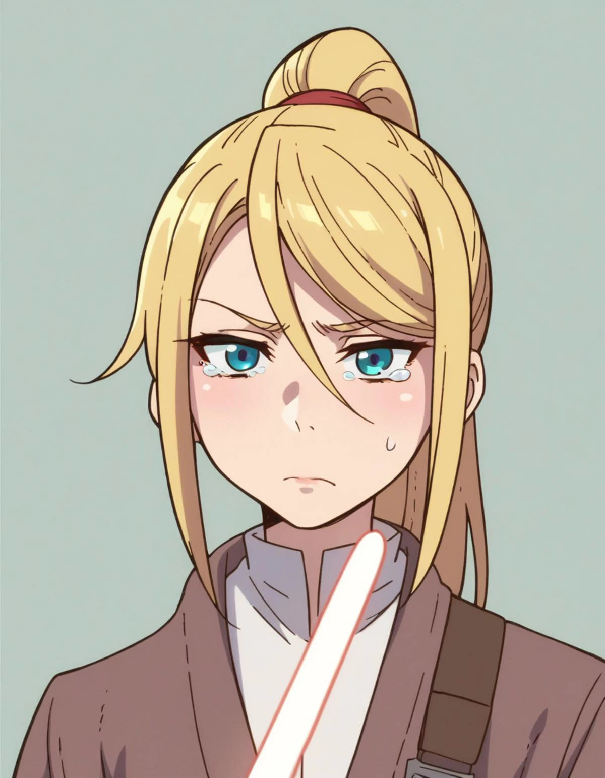 zPDXL, score_9, score_8_up, score_7_up, source_anime, (portrait), 1girl, solo,
<lora:KobayashiDragonPack:1> drgmd, Samus, blonde hair, ponytail, mole under eye, tearing up, zombie pose, jedi wearing a ornate Jedi robe,utility Jedi belt with pouches,tall leather boots, Jedi communicator, holding a lightsaber with white blade