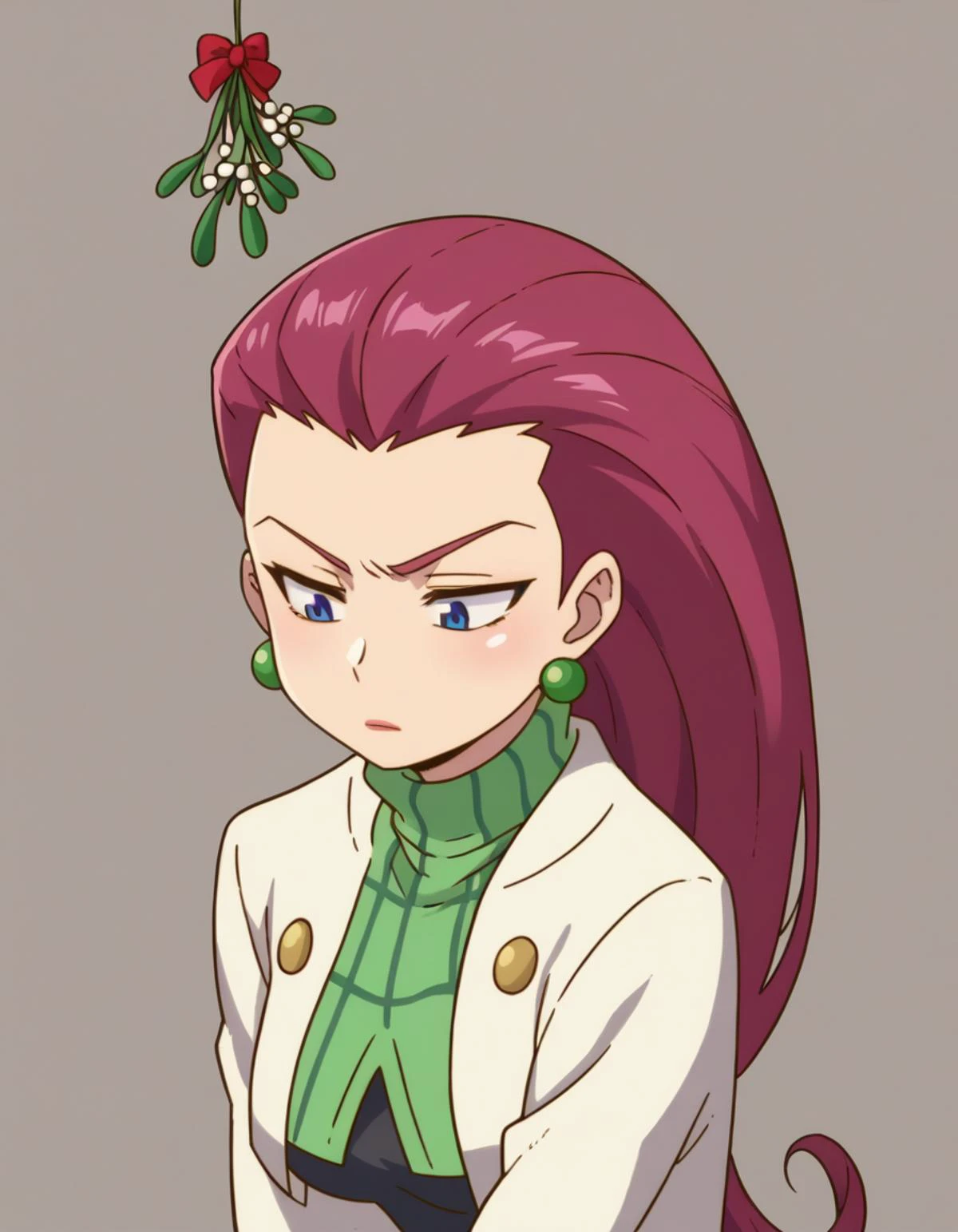 zPDXL, score_9, score_8_up, score_7_up, source_anime, (portrait), 1girl, solo,
<lora:KobayashiDragonPack:1> drgmd, Pokemon, Jessie, long hair, red hair, hair slicked back, medium breasts, speaking, talking, leaning forward, wearing Red and green plaid skirt with matching top, red stockings, green flats, mistletoe headband, carrying a reindeer plush