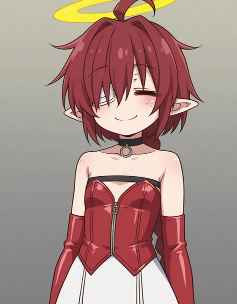 zPDXL, score_9, score_8_up, score_7_up, source_anime, (portrait), 1girl, solo,
<lora:KobayashiDragonPack:1> drgmd, <lora:Nullantwins:0.8> Lynn, red hair, red eyes, (hair over one eye), braided ponytail, halo, freckles, bags under eyes, jitome, ahoge, pointed ears, flat chest, eyepatch,, (closed eyes:1.2), smile, leaning_back, dominatrix wearing PVC bustier with zipper detail, PVC mini skirt, PVC choker with O-ring, thigh-high PVC boots, leather choker, latex gloves, leather whip with a long handle and multiple tails