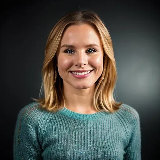 a Realistic portrait of a kristen bell with blue eyes, looking at the viewer, detailed face, detailed eyes, (smiling showing teeth:1.1), perfect slim body, modelshoot style, hand on own shoulder, wearing a green sweater with long sleeves, wearing gold earrings and jewelry, soft lighting, professional Photography, Photorealistic, detailed, standing in a dark Studio Room background, blurred background, RAW, analog, sharp focus, 8k, HD, DSLR, high quality, Fujifilm XT3, film grain, award winning, masterpiece
<lora:kristen bell v1.2:1>