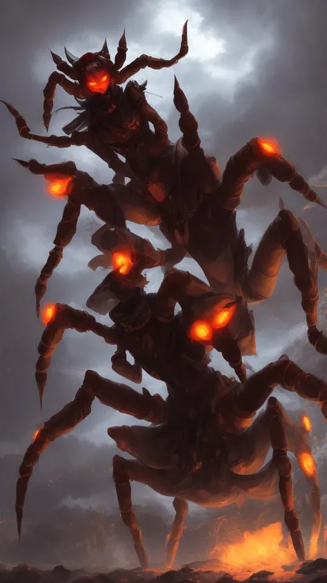 1girl, (full body:1.3), (spider legs), spider, spider_girl, (spider girl:1.4), arthropod_limbs, arthropod_girl, carapace, (arthropod abdomen:1.4), arthropod girl, arachnid, (Arachne), spider web,
solo, solo girl, petite,
glowing red eyes, detailed eyes, distinct pupils, (multiple eyes), ominous aura Halo, wedding dress, red gloves, red skirt, headdress, corset, elbow gloves, blood, bleeding, jewelry, necklace, silver chains, fangs, smile, spiked armband, punk, cyberpunk, wild hair, necktie, butterfly wings, headphones, earphones, hair clip,
chromatic aberration, depth of field, soft lighting, masterpiece, best quality, intricate, tone mapped, highly detailed, artstation, concept art, smooth, sharp focus, dramatic lighting, highly detailed artwork, cinematic, hyper realistic painting, trending on Artstation, 8K, incredible shadows, realistic, (highly detailed background:1.0), lightning strike, lightning, storm, raining, cloudy sky, backlighting,
<lora:SpiderGirl:1.2>