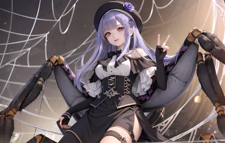 1girl, arachne, arthropod girl, arthropod limbs, black gloves, black headwear, black skirt, breasts, carapace, elbow gloves, extra legs, gloves, hat, high-waist skirt, large breasts, long hair, monster girl, multiple legs, partially fingerless gloves, purple eyes, purple hair, skirt, solo, spider girl, taur, lansane, original, tarantula leg, <lora:lottalewdsSpiderGirl_v1:1> , (spider web:1.4)