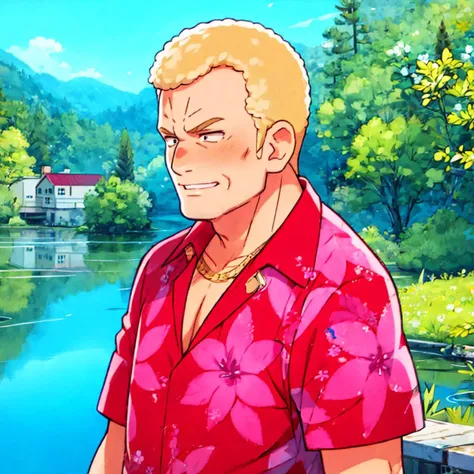 <lora:teppei_lora_lion_dim64_flat2d_repeats-2:0.8> solo, best quality, 1man, old man, happy, blonde hair, black eyes, muscular male, (oil painting style, ripple, lake, flats, dam, reflection:1.2) BREAK (wristwatch:0.6), red pink hawaiian shirt, short sleeves, [white pants:0.7], necklace, cleft chin, highly detailed, masterpiece