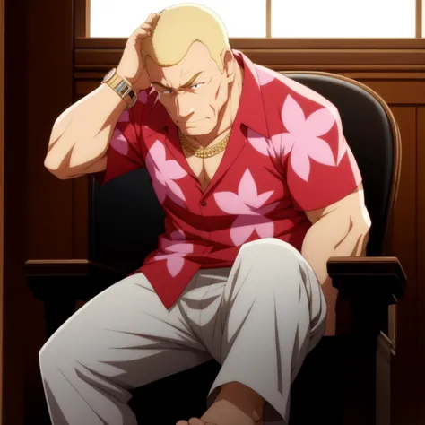 <lora:teppei_lora_lion_dim64_flat2d_repeats-2:0.8> solo, best quality, extremely detailed, gasping, middle aged man, leg up, feet focus, barefoot, sitting, on chair, muscular, blonde hair, black eyes, (wristwatch:0.6), red pink hawaiian shirt, white pants, short sleeves, necklace, cleft chin, masterpiece <lora:sensualface_type1:1>