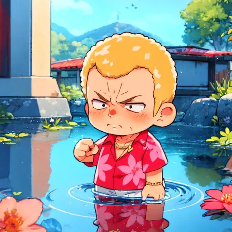 <lora:teppei_lora_lion_dim64_flat2d_repeats-2:0.9> solo, best quality, 1man, old man, (chibi:1.3), angry, blonde hair, black eyes, muscular male, (ripple, dam, reflection, disaster:1.2) BREAK (wristwatch:0.6), red pink hawaiian shirt, short sleeves, [white pants:0.7], necklace, cleft chin, highly detailed, masterpiece