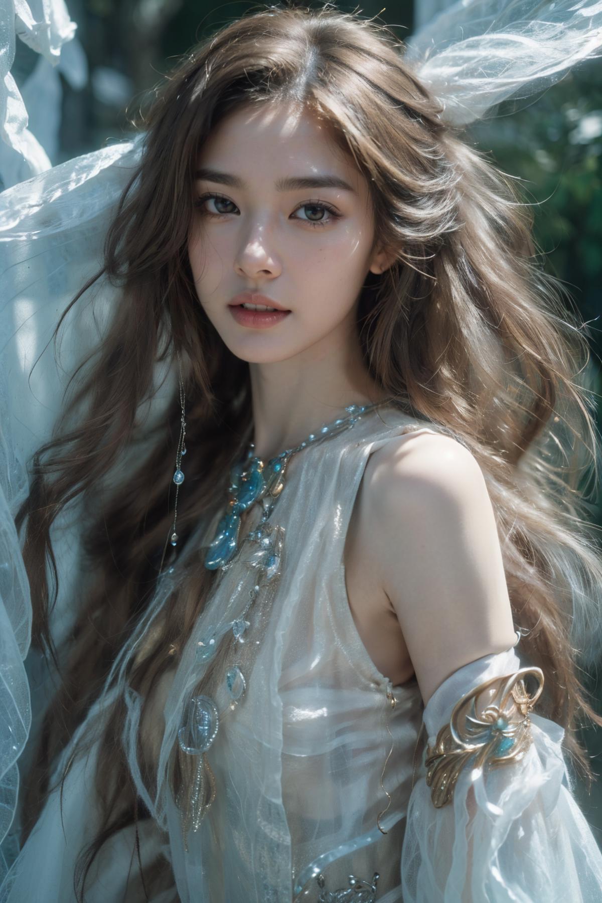 A woman with long hair wearing a white dress and a veil - SeaArt AI