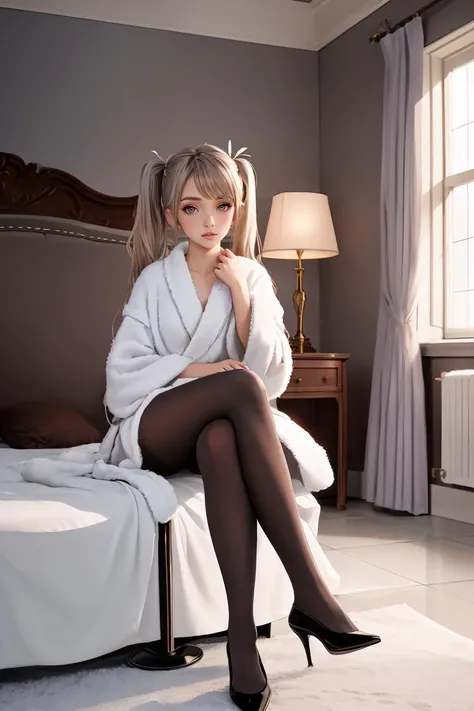 Top quality, masterpiece, gray hair, blue eyes, gentle eyes, light in the eyes, smile lightly, upper body,. Open mouth,,Exquisite mouth,Very detailed face,blush,close-up,pink lips,delicate lips,1 girl,full body,(small)best lighting,cinematic lighting、white camisole、mini skirt、height 160cm、light skirt,pleated skirt,gym sitting、bed,morning sun,good morning