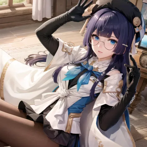 extremely detailed CG, high resolution, best quality, masterpiece, (bishoujo:1.3), (game cg), pela, beret, pela, honkai star rail, black gloves, black headwear, black legwear, blue eyes, dress, glasses, gloves, hat, long hair, looking at viewer, pantyhose, red-framed_eyewear, semi-rimless eyewear,under-rim eyewear <lora:pelaHonkaiStarRail_v10:0.8>